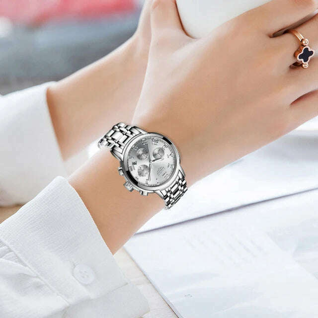 KIMLUD, 2022 LIGE Ladies Watches Top Brand Luxury Fashion Stainless Steel Watch Women Chronograph Quartz Clock Waterproof Wristwatch+Box, silver white / China, KIMLUD Women's Clothes