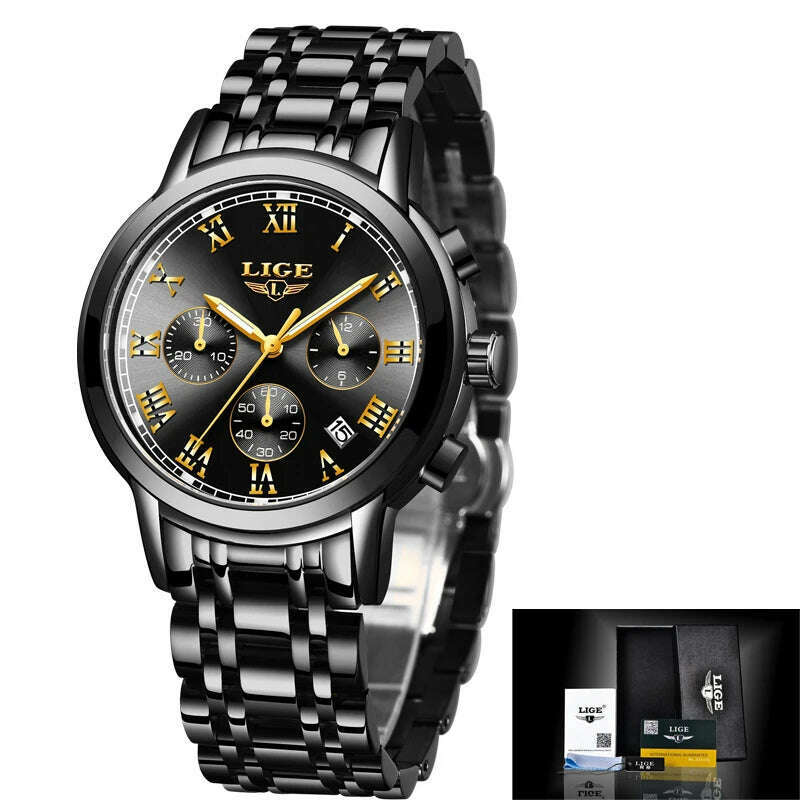 KIMLUD, 2022 LIGE Ladies Watches Top Brand Luxury Fashion Stainless Steel Watch Women Chronograph Quartz Clock Waterproof Wristwatch+Box, black gold / China, KIMLUD Women's Clothes