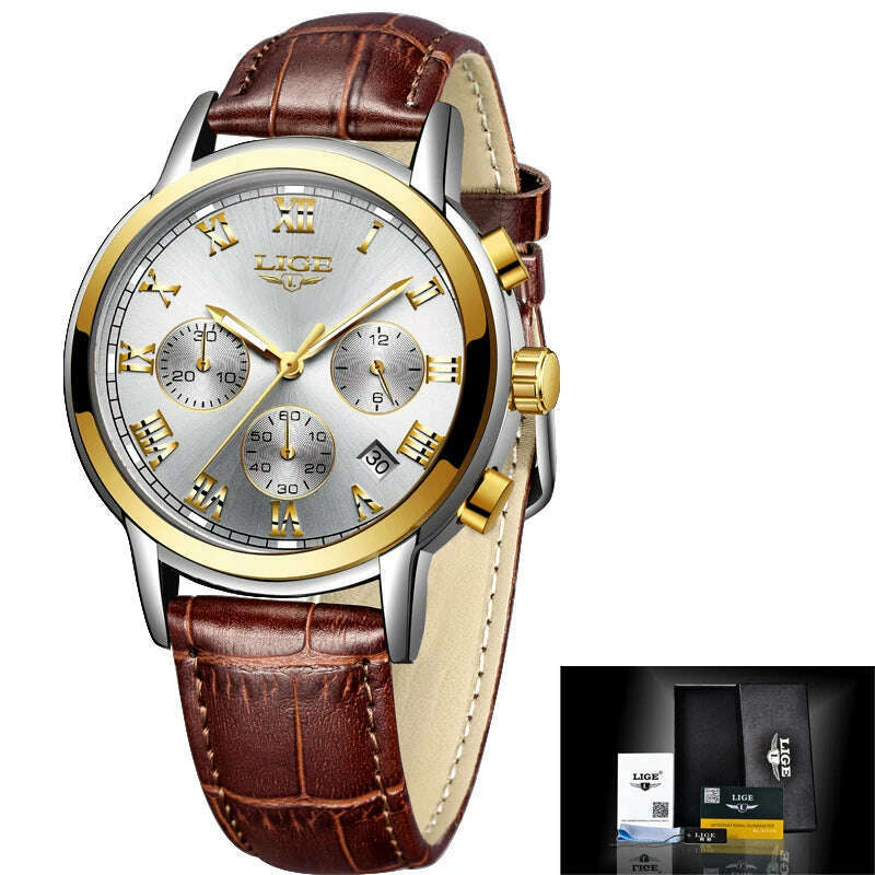 KIMLUD, 2022 LIGE Ladies Watches Top Brand Luxury Fashion Stainless Steel Watch Women Chronograph Quartz Clock Waterproof Wristwatch+Box, Leather gold white / China, KIMLUD Women's Clothes
