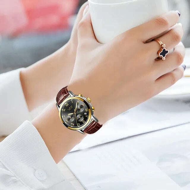 KIMLUD, 2022 LIGE Ladies Watches Top Brand Luxury Fashion Stainless Steel Watch Women Chronograph Quartz Clock Waterproof Wristwatch+Box, Leather gold  black / China, KIMLUD Women's Clothes