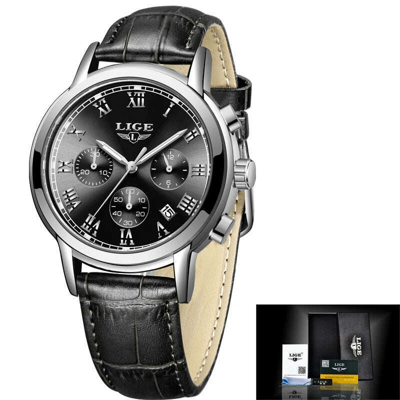 KIMLUD, 2022 LIGE Ladies Watches Top Brand Luxury Fashion Stainless Steel Watch Women Chronograph Quartz Clock Waterproof Wristwatch+Box, Leather black / China, KIMLUD Women's Clothes