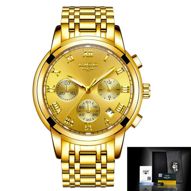 KIMLUD, 2022 LIGE Ladies Watches Top Brand Luxury Fashion Stainless Steel Watch Women Chronograph Quartz Clock Waterproof Wristwatch+Box, all gold / China, KIMLUD Women's Clothes