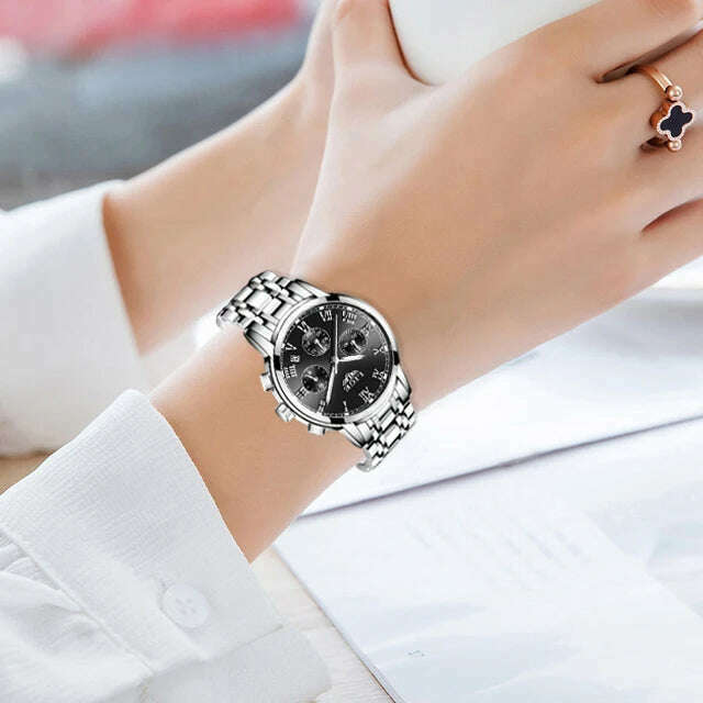 KIMLUD, 2022 LIGE Ladies Watches Top Brand Luxury Fashion Stainless Steel Watch Women Chronograph Quartz Clock Waterproof Wristwatch+Box, silver black / China, KIMLUD Women's Clothes