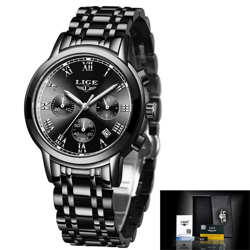 KIMLUD, 2022 LIGE Ladies Watches Top Brand Luxury Fashion Stainless Steel Watch Women Chronograph Quartz Clock Waterproof Wristwatch+Box, black white / China, KIMLUD Women's Clothes