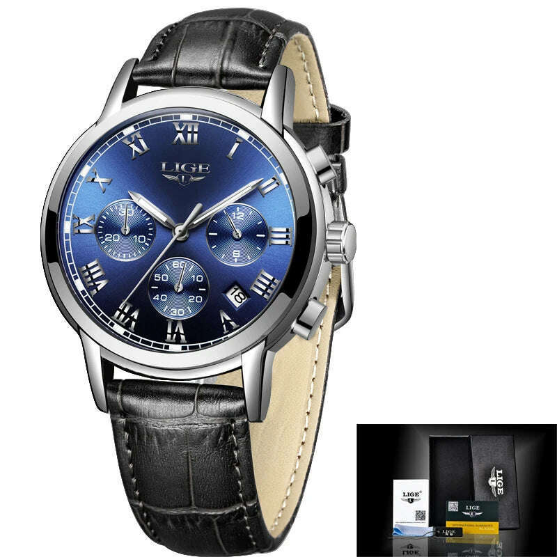 KIMLUD, 2022 LIGE Ladies Watches Top Brand Luxury Fashion Stainless Steel Watch Women Chronograph Quartz Clock Waterproof Wristwatch+Box, Leather silver blue / China, KIMLUD Women's Clothes