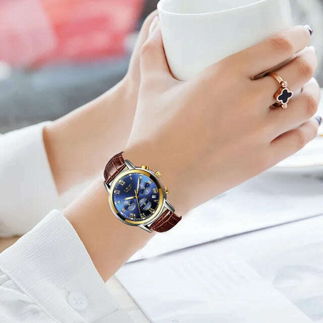 KIMLUD, 2022 LIGE Ladies Watches Top Brand Luxury Fashion Stainless Steel Watch Women Chronograph Quartz Clock Waterproof Wristwatch+Box, Leather gold  blue / China, KIMLUD Women's Clothes