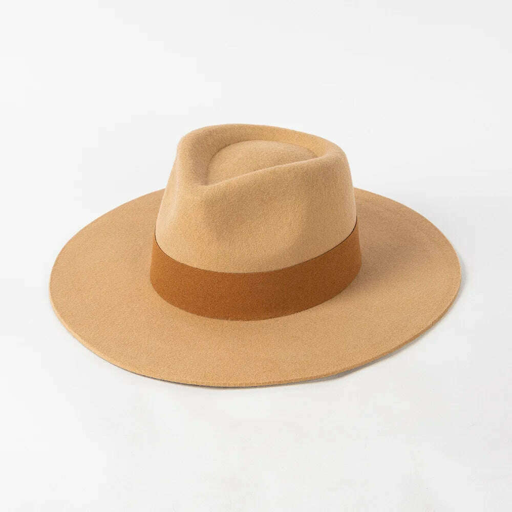KIMLUD, 2022 Luxury Designer Brand Fedora Hat For Women 022 Warped Wool Fedoras For Women Autumn Winter Warm Hats Ladies Party Cap, Khaki, KIMLUD Womens Clothes