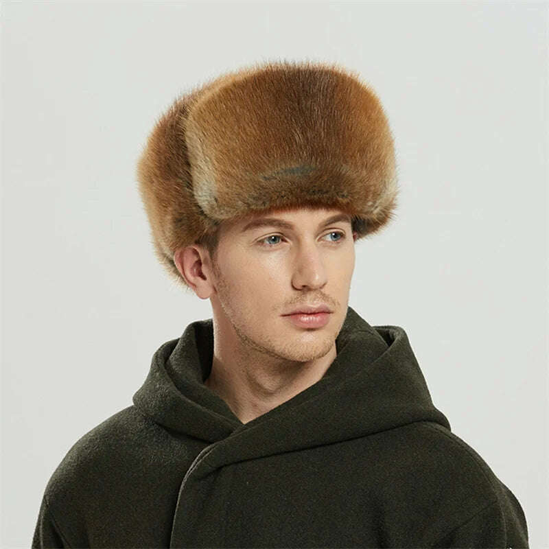 KIMLUD, 2022 Men New Natural Color Fur Hat Siberian Style Fur Hat Raccoon Full Ushanka Hat For Middle-aged Cotton Cap Lei Feng Hat, KIMLUD Womens Clothes