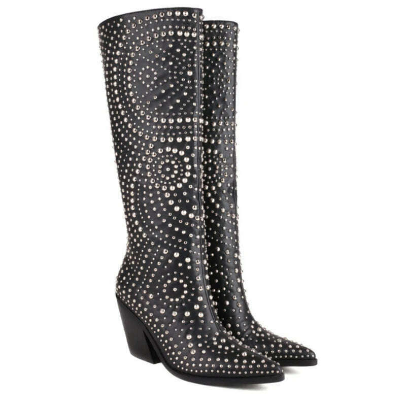 KIMLUD, 2022 Metal Rivet Fashion Leather Women&#39;s Boots Black White Butterflies Knee High Chelsea Boots 6-8.5cm High Heels Denim Boots, MD-5636-32-Black / 34, KIMLUD Womens Clothes