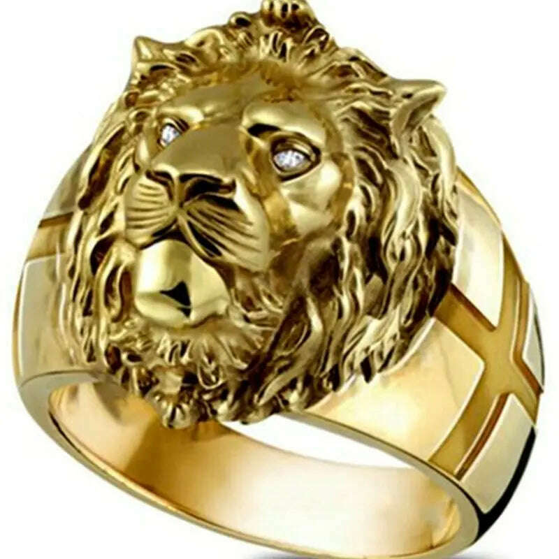 KIMLUD, 2022 New Golden Lion Head Rings Stainless Steel Boy Band Party Gothic Lion Domineering Men's Ring Golden Ring Unisex Jewelry, KIMLUD Womens Clothes