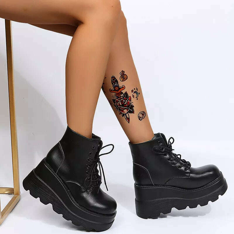 2022 New Gothic Punk Street Women Ankle Boots Platform Wedges High Heels Short Boots New Fashion Design Rivet Cosplay Shoes - KIMLUD