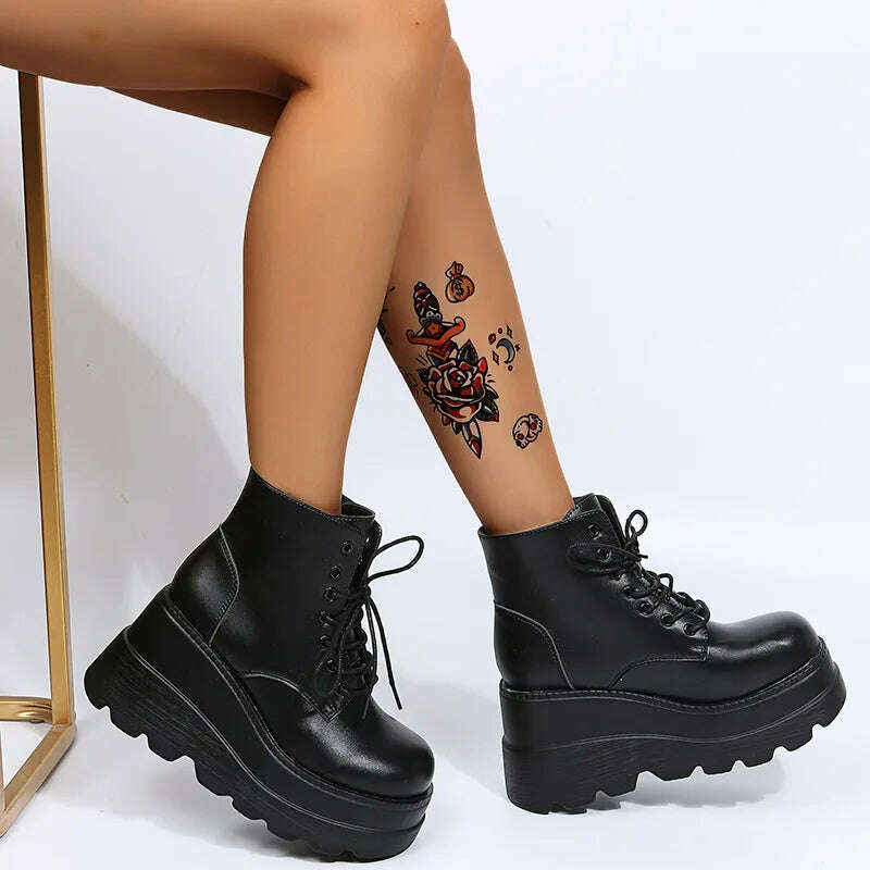 KIMLUD, 2022 New Gothic Punk Street Women Ankle Boots Platform Wedges High Heels Short Boots New Fashion Design Rivet Cosplay Shoes, black matte / 35, KIMLUD Women's Clothes