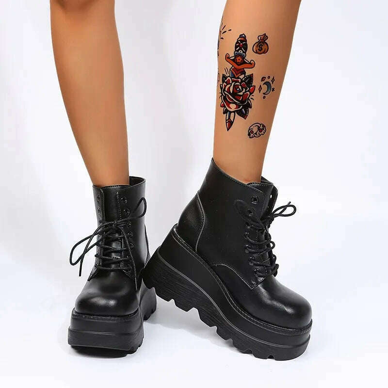 KIMLUD, 2022 New Gothic Punk Street Women Ankle Boots Platform Wedges High Heels Short Boots New Fashion Design Rivet Cosplay Shoes, KIMLUD Women's Clothes