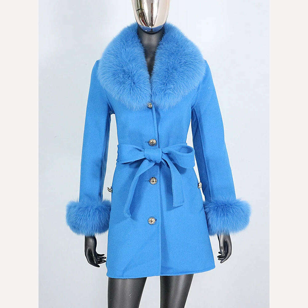 KIMLUD, 2022 New Real Fur Coat Winter Jacket Women Natural Fox Fur Collar Cuffs Belt Cashmere Wool Woolen Ladies Outerwear Streetwear, blue / S, KIMLUD Womens Clothes
