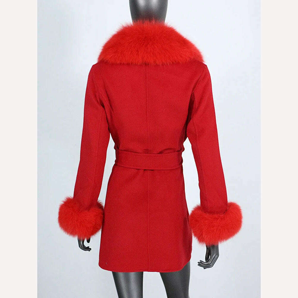 KIMLUD, 2022 New Real Fur Coat Winter Jacket Women Natural Fox Fur Collar Cuffs Belt Cashmere Wool Woolen Ladies Outerwear Streetwear, KIMLUD Womens Clothes