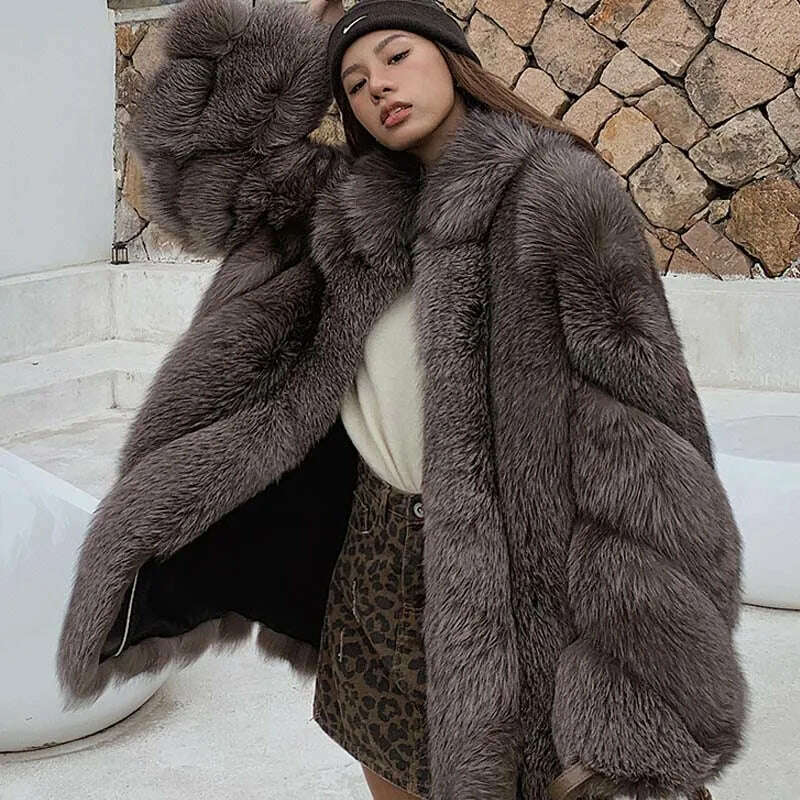 KIMLUD, 2022 New Real fur coat Women Fashionable Winter Stripe Cutting Featured Chic Fox Fur Fluffy Thicken Luxury Overcoat Female Soft, KIMLUD Womens Clothes