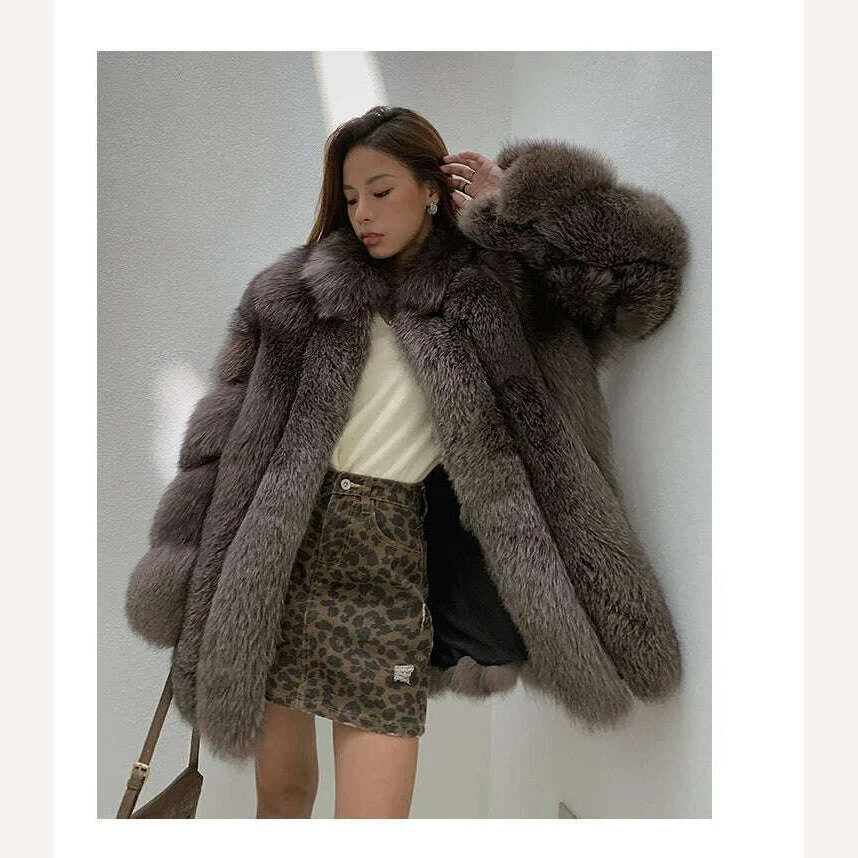 KIMLUD, 2022 New Real fur coat Women Fashionable Winter Stripe Cutting Featured Chic Fox Fur Fluffy Thicken Luxury Overcoat Female Soft, KIMLUD Womens Clothes