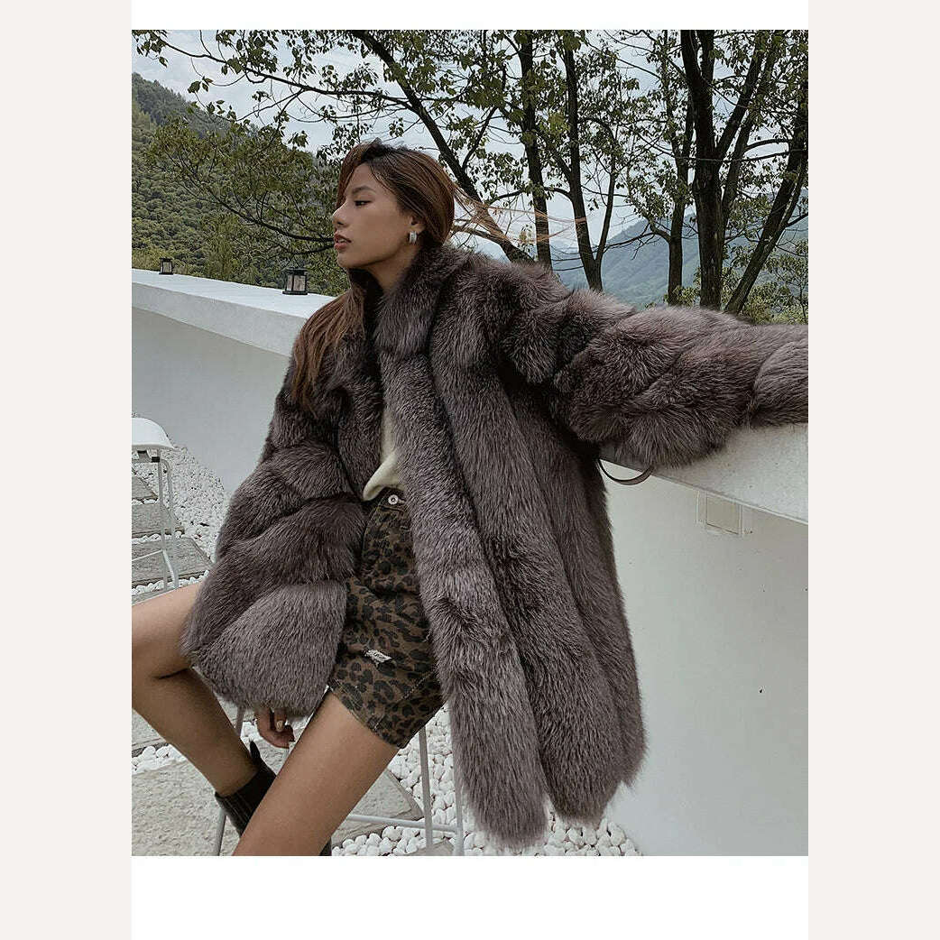 KIMLUD, 2022 New Real fur coat Women Fashionable Winter Stripe Cutting Featured Chic Fox Fur Fluffy Thicken Luxury Overcoat Female Soft, KIMLUD Womens Clothes