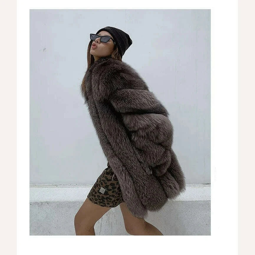KIMLUD, 2022 New Real fur coat Women Fashionable Winter Stripe Cutting Featured Chic Fox Fur Fluffy Thicken Luxury Overcoat Female Soft, KIMLUD Women's Clothes