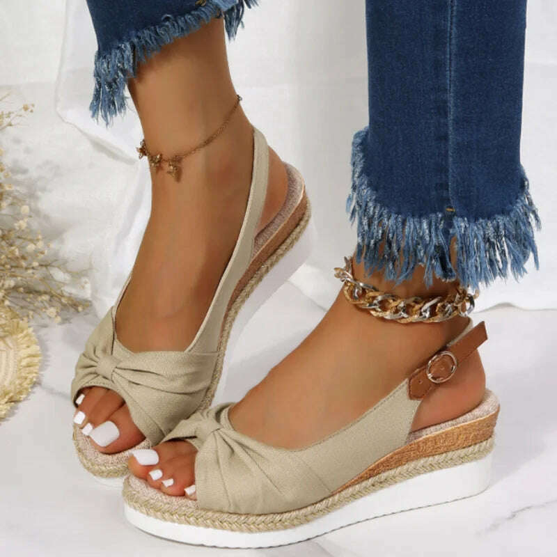 KIMLUD, 2022 New Sandals Large 35-42 Sandals Hemp Rope Bow Wedge Heel Casual Sandals Women&#39;s Sandals Roman Style Women&#39;s Sandals, KIMLUD Womens Clothes