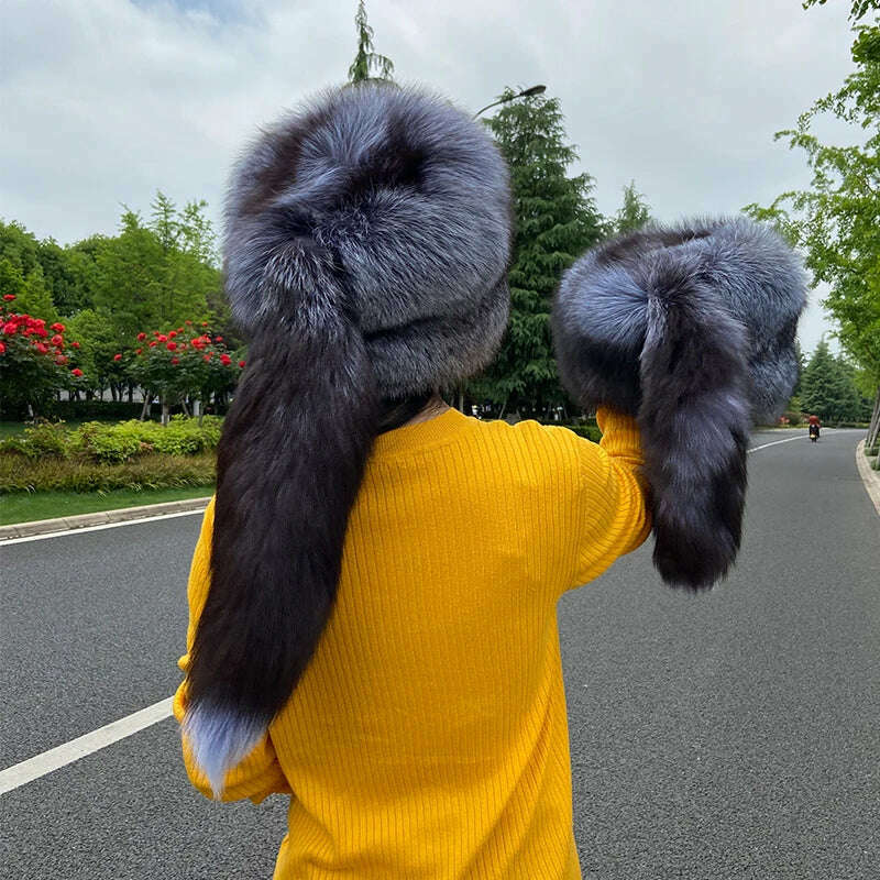 KIMLUD, 2022 New Style Winter 100% Real Fox Fur Hat Women Trapper Snow Skiing Hat Caps Earflap Luxury Silver Fox Fur, KIMLUD Womens Clothes