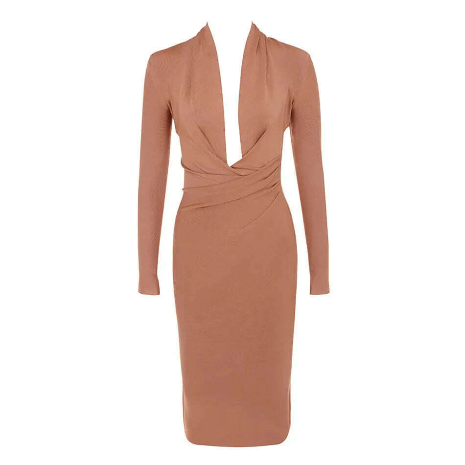 2022 New Summer Deep V Neck Women Bandage Dress Sexy Full Sleeves Solid Celebrity Bodycon Club Evening Midi Party Dress Vestidos - KIMLUD