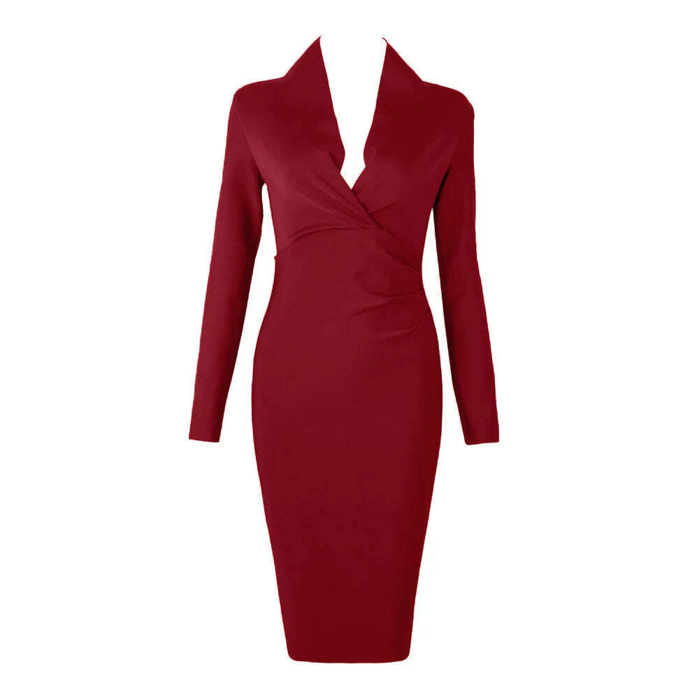 2022 New Summer Deep V Neck Women Bandage Dress Sexy Full Sleeves Solid Celebrity Bodycon Club Evening Midi Party Dress Vestidos - KIMLUD