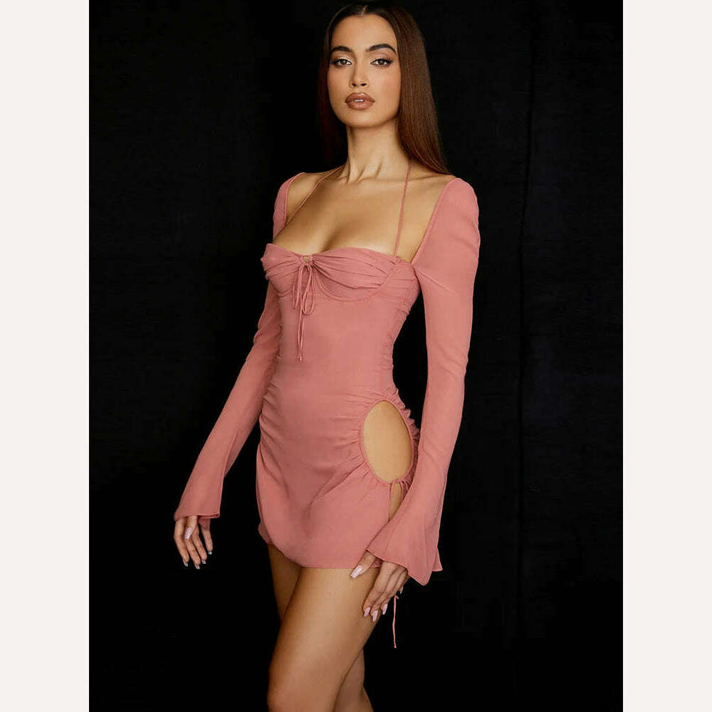 KIMLUD, 2022 New Summer Long Sleeve Bodycon Dress Square Collar Mini Mesh Dress Lovely Birthday Party Pink Outfits Dropshipping, KIMLUD Womens Clothes