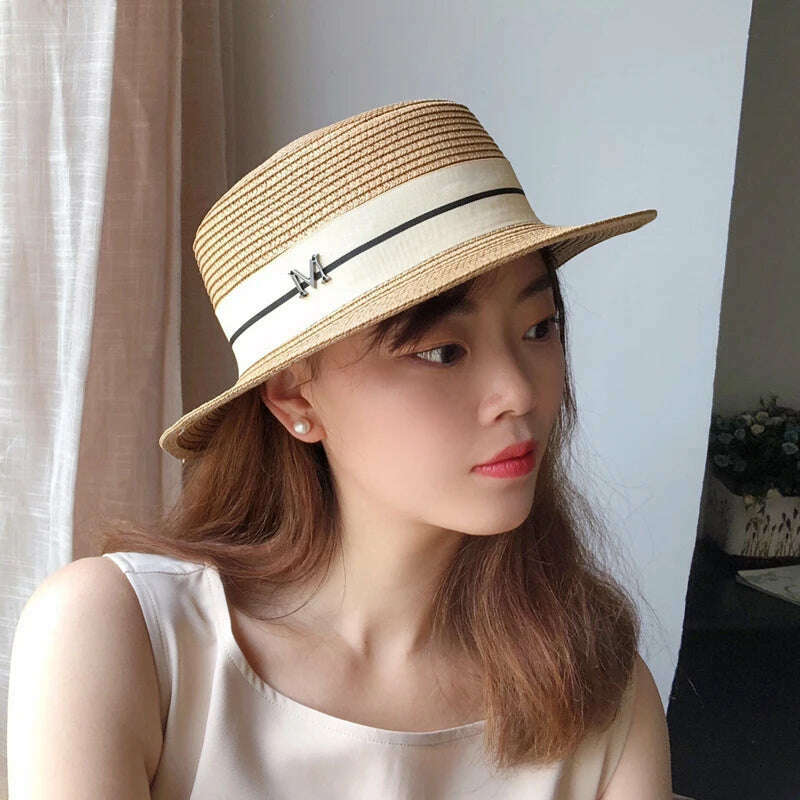 KIMLUD, 2022 New Summer Women's Boater Beach Hat Wide brim Female   Panama Hat Lady Classic Flat Bowknot Straw Sun Hat Women Fedora Hats, KIMLUD Womens Clothes