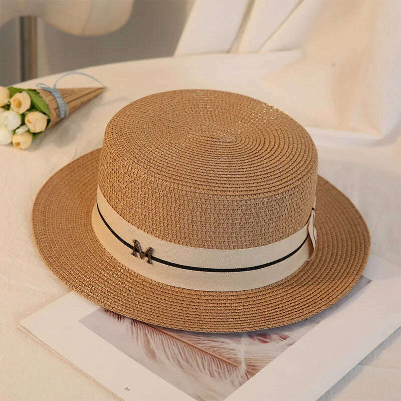 KIMLUD, 2022 New Summer Women's Boater Beach Hat Wide brim Female   Panama Hat Lady Classic Flat Bowknot Straw Sun Hat Women Fedora Hats, KIMLUD Womens Clothes