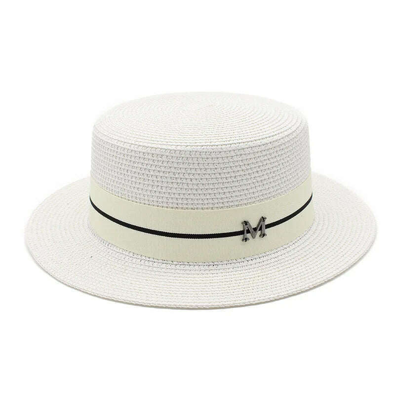 KIMLUD, 2022 New Summer Women's Boater Beach Hat Wide brim Female   Panama Hat Lady Classic Flat Bowknot Straw Sun Hat Women Fedora Hats, WHITE, KIMLUD Womens Clothes