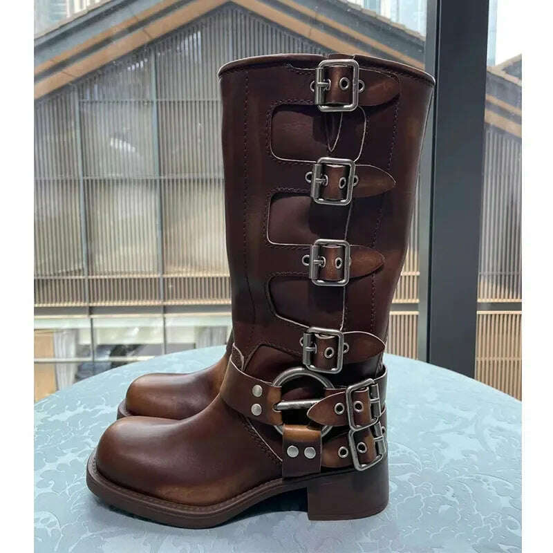 KIMLUD, 2022 New Winter Denim Boots Women&#39;s Retro Brown Belt Buckle Round Head High Boots Martin Boots Knee Length Boots, Tan / 35, KIMLUD Womens Clothes