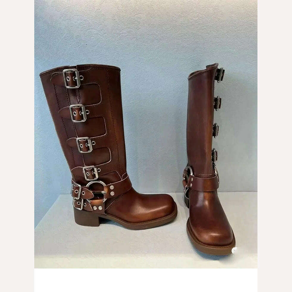 KIMLUD, 2022 New Winter Denim Boots Women&#39;s Retro Brown Belt Buckle Round Head High Boots Martin Boots Knee Length Boots, KIMLUD Womens Clothes