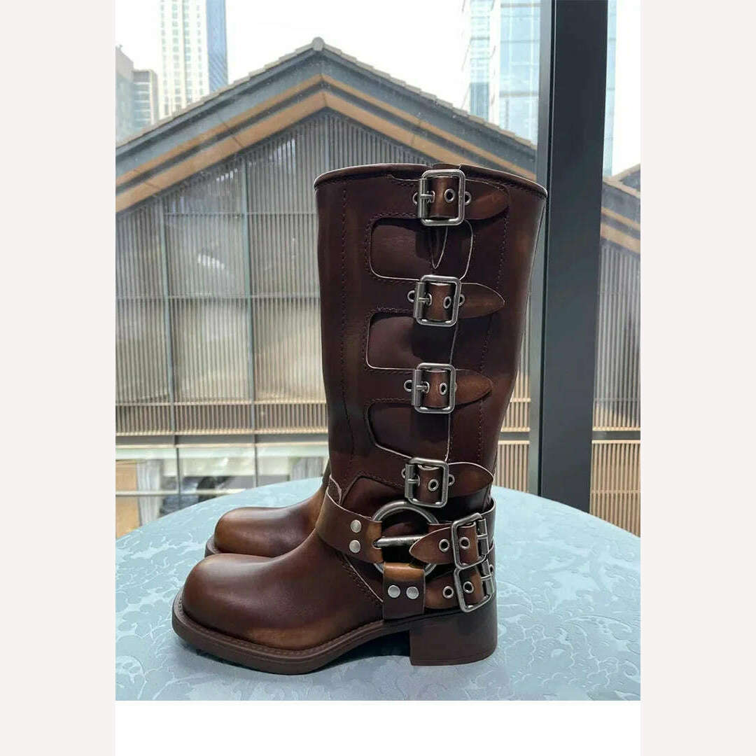 KIMLUD, 2022 New Winter Denim Boots Women&#39;s Retro Brown Belt Buckle Round Head High Boots Martin Boots Knee Length Boots, KIMLUD Womens Clothes
