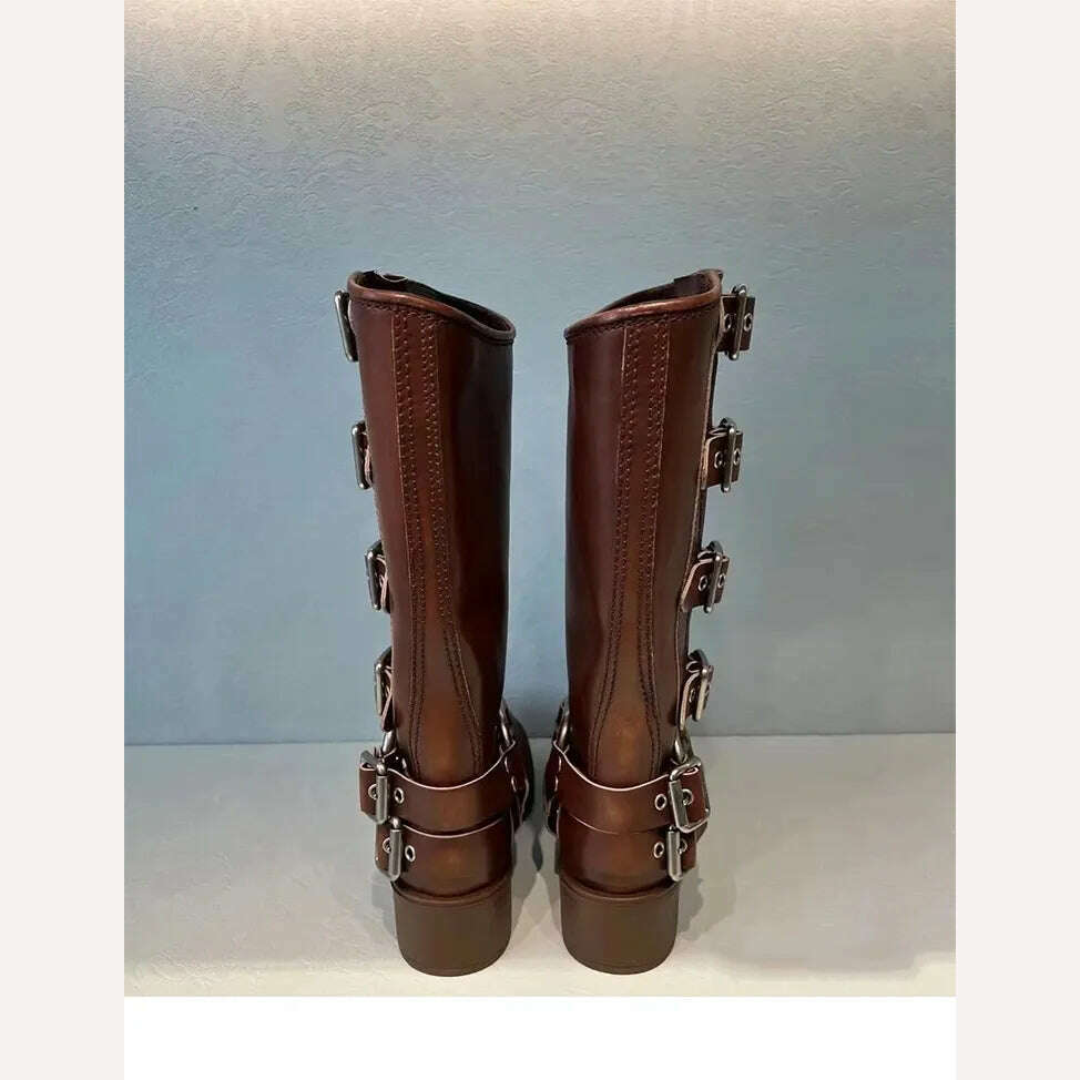 KIMLUD, 2022 New Winter Denim Boots Women&#39;s Retro Brown Belt Buckle Round Head High Boots Martin Boots Knee Length Boots, KIMLUD Womens Clothes