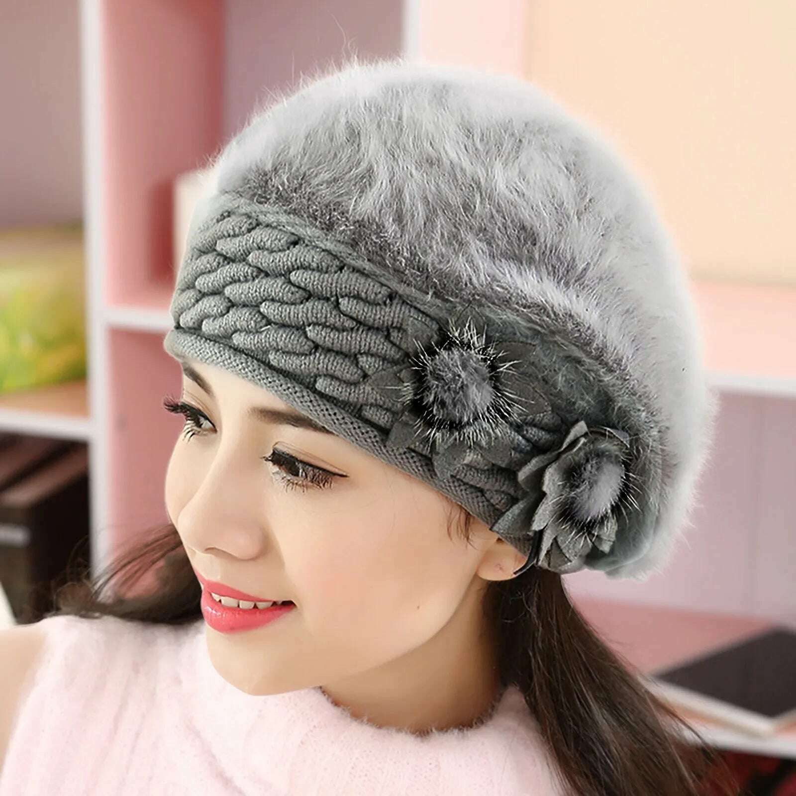 KIMLUD, 2022 New Women Cotton Cap Slouch Baggy Winter Warm Soft Knit Crochet Female Hat Elegant Ladies Fashion Flower Hats Dropshipping, KIMLUD Womens Clothes