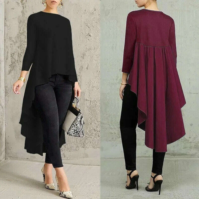 KIMLUD, 2022 New Women Fashion Long Sleeve Asymmetrical Waterfall Shirt Tops Female High Low Dress Tops Large Size XS-8XL, KIMLUD Women's Clothes