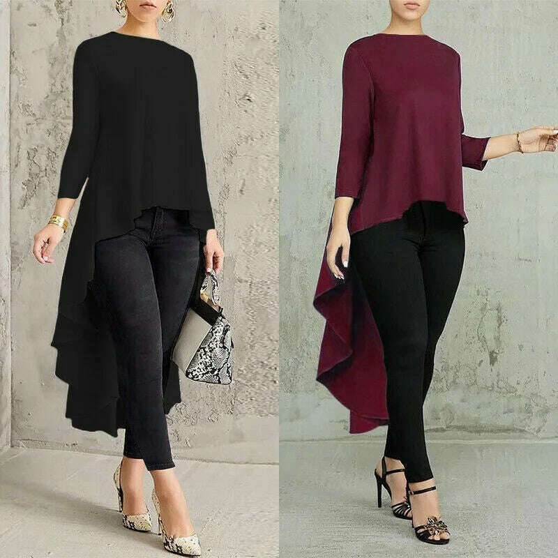 KIMLUD, 2022 New Women Fashion Long Sleeve Asymmetrical Waterfall Shirt Tops Female High Low Dress Tops Large Size XS-8XL, KIMLUD Women's Clothes