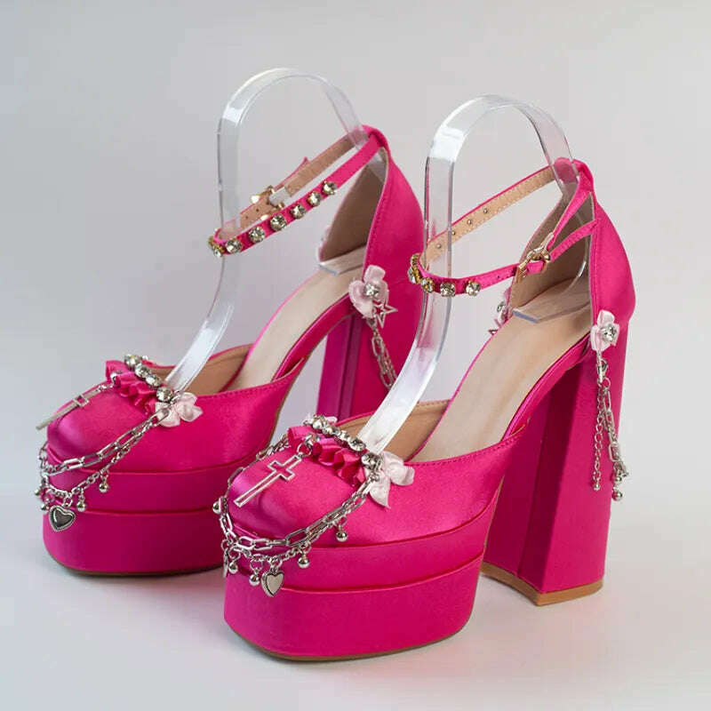 2022 Newest Metal Chain Purple Sandals 15cm High Heel Fashion Lolita Crystal Cross Lace Satin Princess Girls Shoes Size 35-42 - KIMLUD
