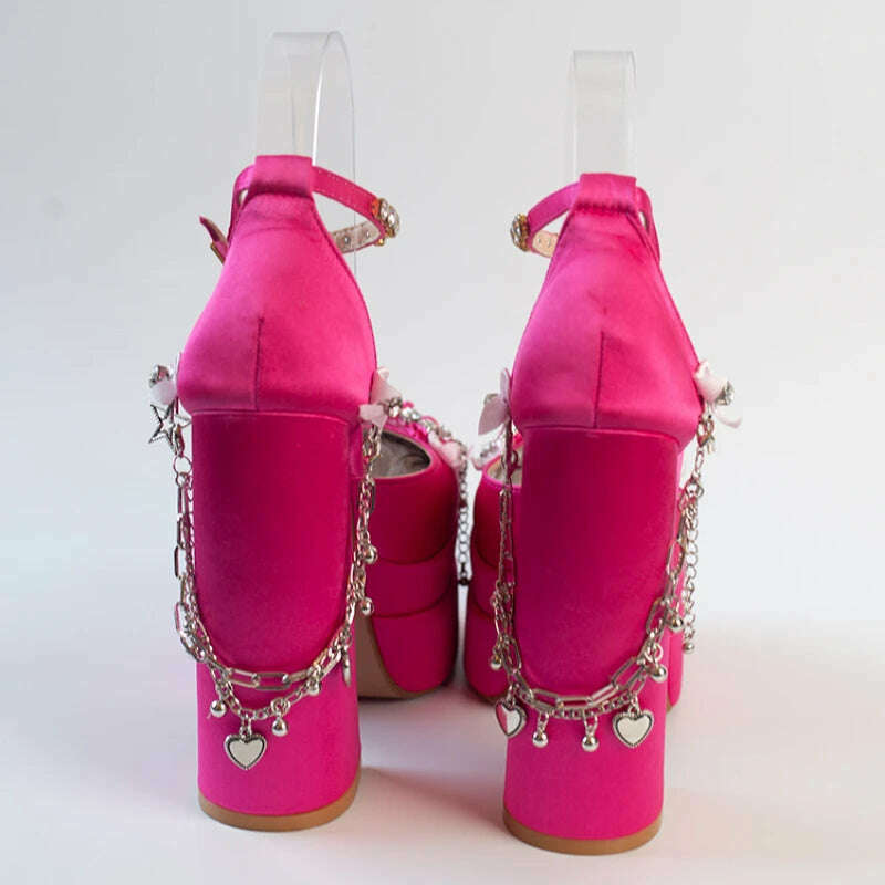 KIMLUD, 2022 Newest Metal Chain Purple Sandals 15cm High Heel Fashion Lolita Crystal Cross Lace Satin Princess Girls Shoes Size 35-42, KIMLUD Women's Clothes