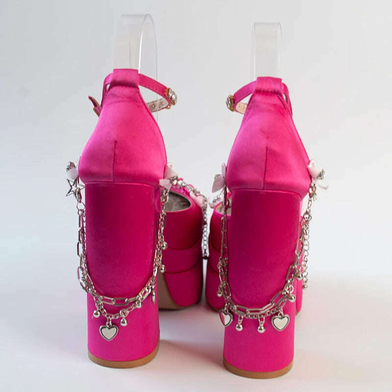 2022 Newest Metal Chain Purple Sandals 15cm High Heel Fashion Lolita Crystal Cross Lace Satin Princess Girls Shoes Size 35-42 - KIMLUD