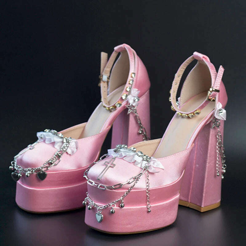 KIMLUD, 2022 Newest Metal Chain Purple Sandals 15cm High Heel Fashion Lolita Crystal Cross Lace Satin Princess Girls Shoes Size 35-42, y2k-pink Satin / 35, KIMLUD Women's Clothes
