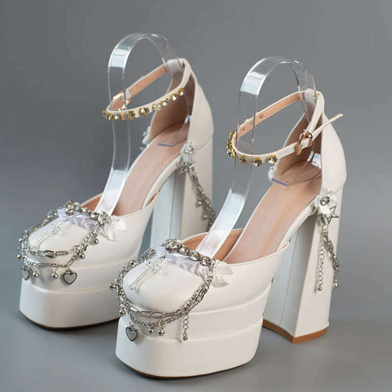 2022 Newest Metal Chain Purple Sandals 15cm High Heel Fashion Lolita Crystal Cross Lace Satin Princess Girls Shoes Size 35-42 - KIMLUD