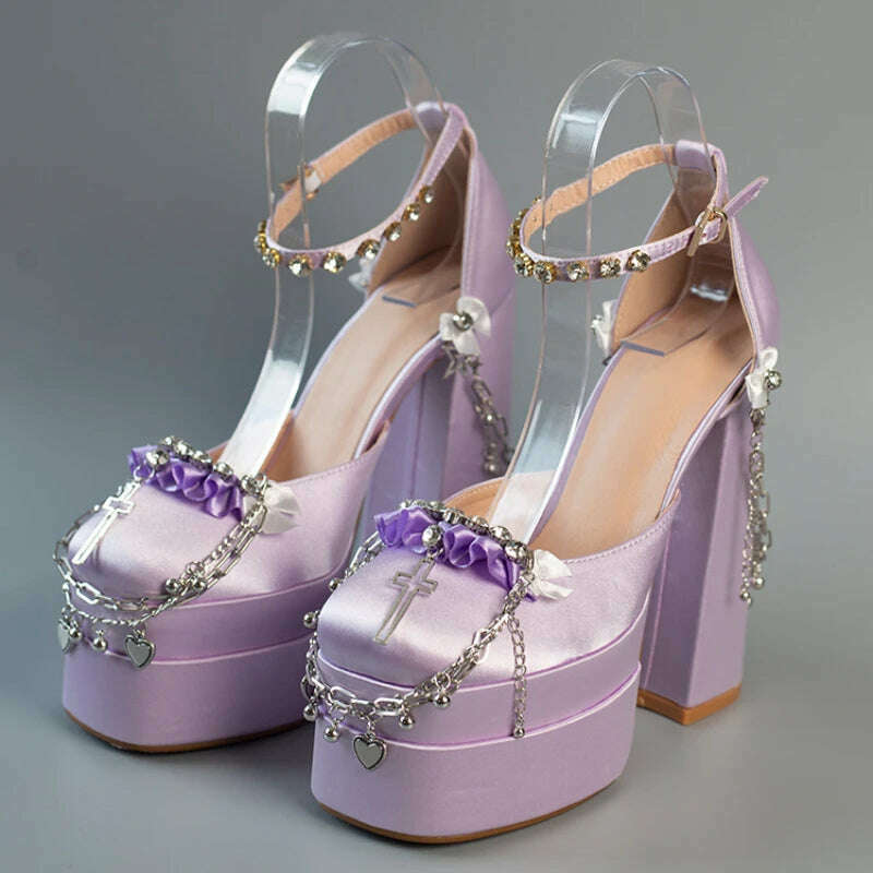 2022 Newest Metal Chain Purple Sandals 15cm High Heel Fashion Lolita Crystal Cross Lace Satin Princess Girls Shoes Size 35-42 - KIMLUD