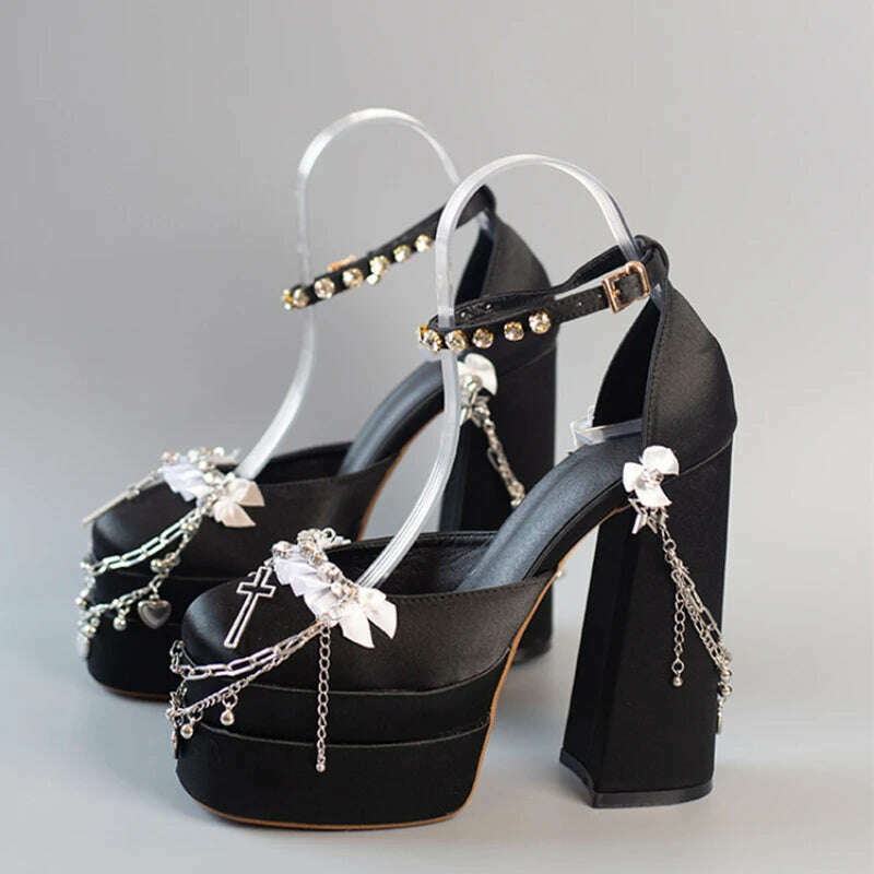 KIMLUD, 2022 Newest Metal Chain Purple Sandals 15cm High Heel Fashion Lolita Crystal Cross Lace Satin Princess Girls Shoes Size 35-42, y2k-black Satin / 35, KIMLUD Women's Clothes