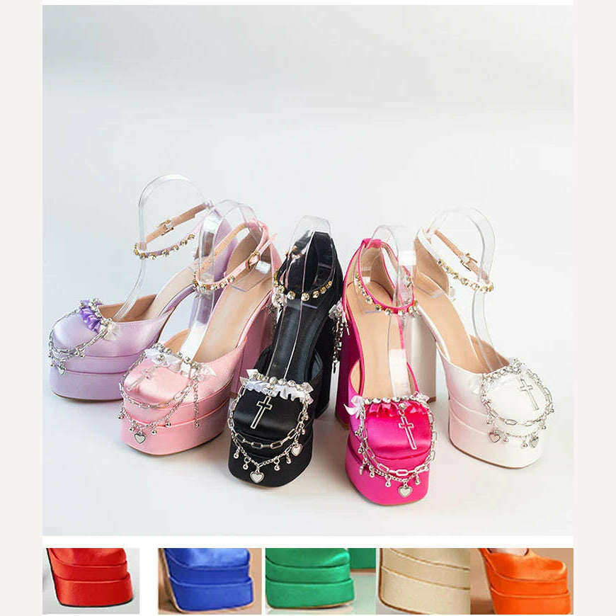 2022 Newest Metal Chain Purple Sandals 15cm High Heel Fashion Lolita Crystal Cross Lace Satin Princess Girls Shoes Size 35-42 - KIMLUD