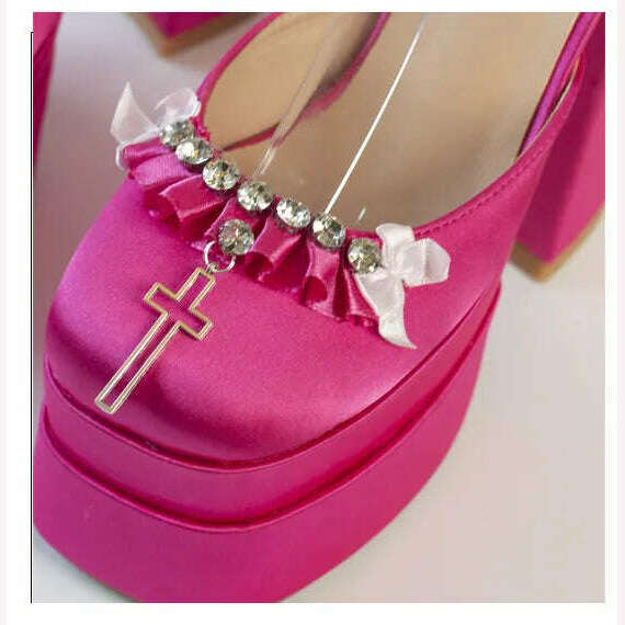 2022 Newest Metal Chain Purple Sandals 15cm High Heel Fashion Lolita Crystal Cross Lace Satin Princess Girls Shoes Size 35-42 - KIMLUD