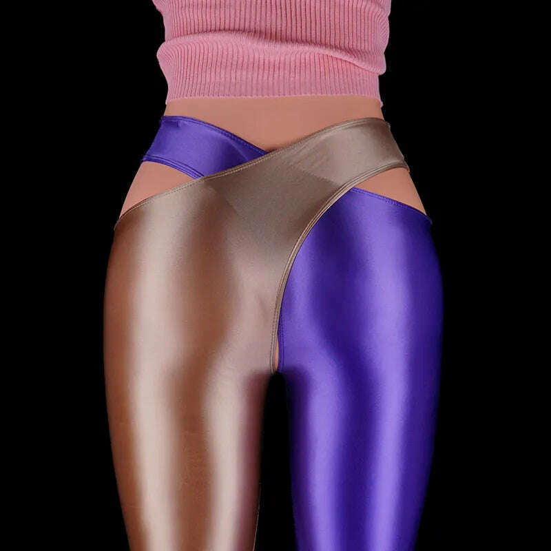 KIMLUD, 2022 Satin Glossy Sexy Leggings Trousers Glitter Stockings Japanese Full-Length Pants High Waist Tights Women Shiny Jeggings, Brown Purple / M, KIMLUD Womens Clothes