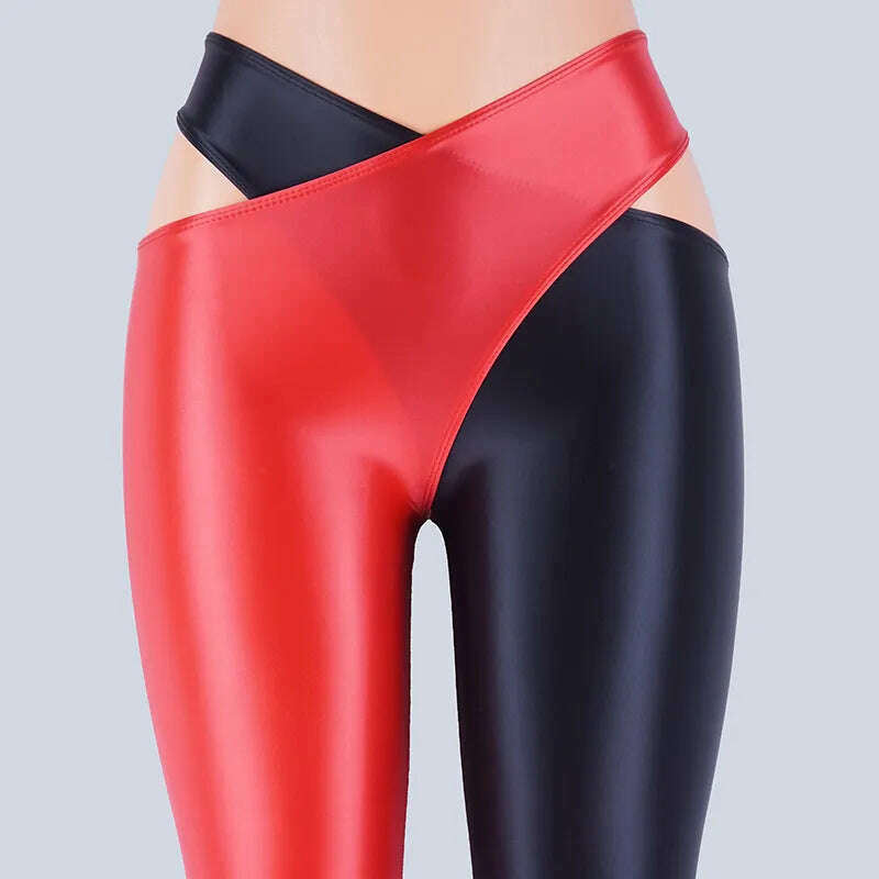 KIMLUD, 2022 Satin Glossy Sexy Leggings Trousers Glitter Stockings Japanese Full-Length Pants High Waist Tights Women Shiny Jeggings, Red Black / M, KIMLUD Womens Clothes