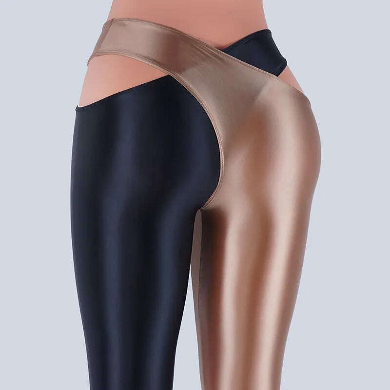 KIMLUD, 2022 Satin Glossy Sexy Leggings Trousers Glitter Stockings Japanese Full-Length Pants High Waist Tights Women Shiny Jeggings, Black Brown / M, KIMLUD Womens Clothes